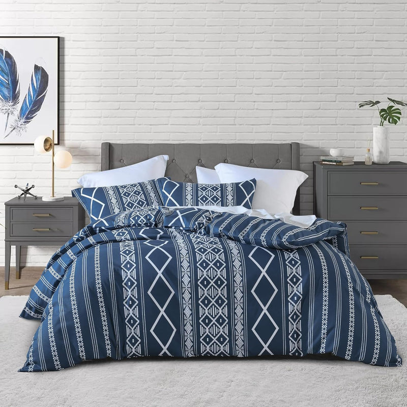 Geometric Navy Duvet Cover Queen - 100% Cotton Abstract Boho Pattern Printed D