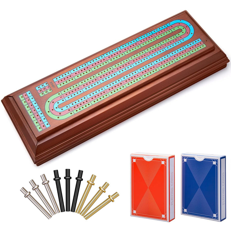 Wooden Cribbage Board Game Set With Large Storage Area,9 Metal Pegs & 2 Pla