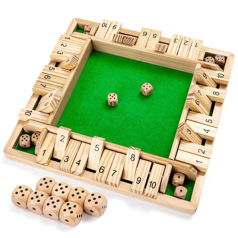 Ropoda Wooden Shut The Box Game (2-4 Players) - Large 4 Sided Board, 8 Dice