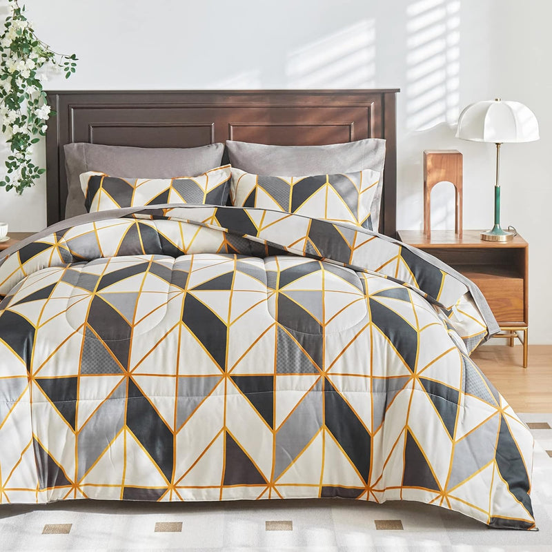 Geometric Bed In A Bag 6-Pieces Twin For Kids, Gray Black Beige Rhombus N Tria