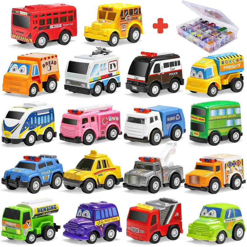 18 Pack Assorted Pull Back Car Toys For Kid With Storage Organizer Box, Min
