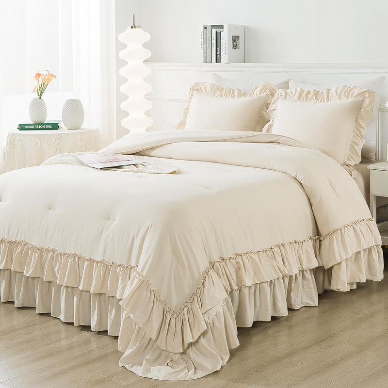 Beige Queen Comforter Set, 3 Pieces Soft Lightweight Fluffy Solid Ruffle Beddi