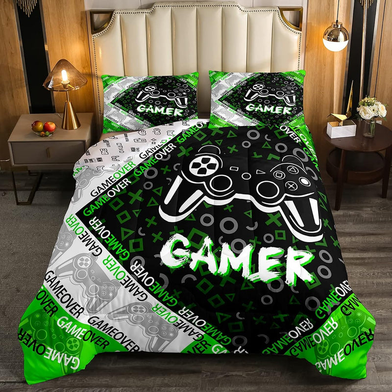 Kids Gamer Comforter Set For Boys Teens, Green And Black Gaming Bedding Set Vi