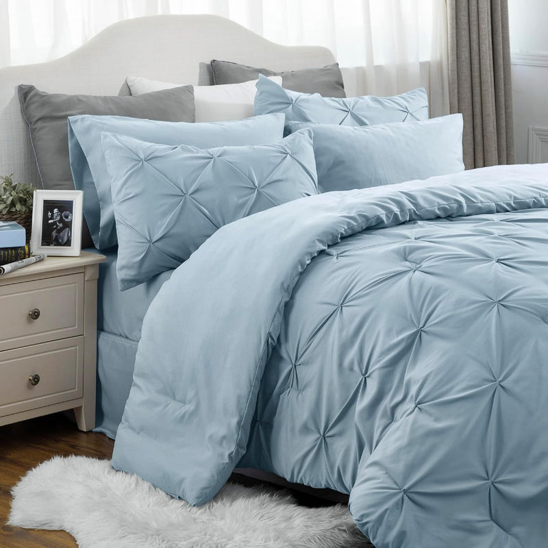 King Size Comforter Set - Bedding Set King 7 Pieces, Pintuck Bed In A Bag Ligh