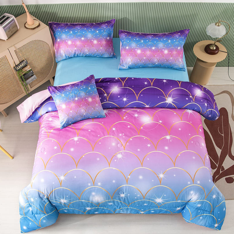 Pink Mermaid Comforter Set Full Size 6 Pieces Bed In A Bag Colorful Rainbow Be