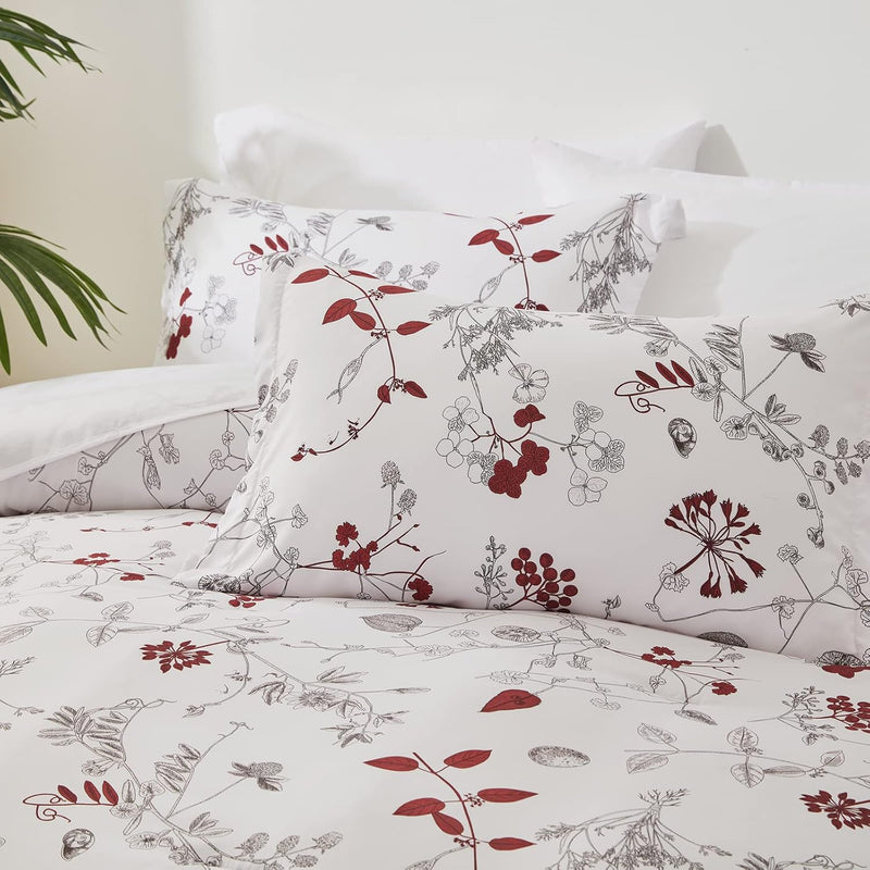 7 Pieces Botanical Comforter Set With Chic Red Floral Queen Size,Brushed Micro