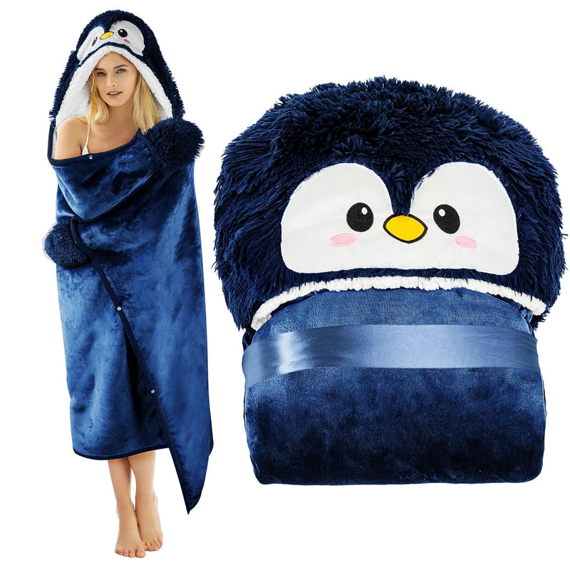 Penguin Wearable Hooded Blanket For Adults – Super Soft Warm Cozy Plush Flanne