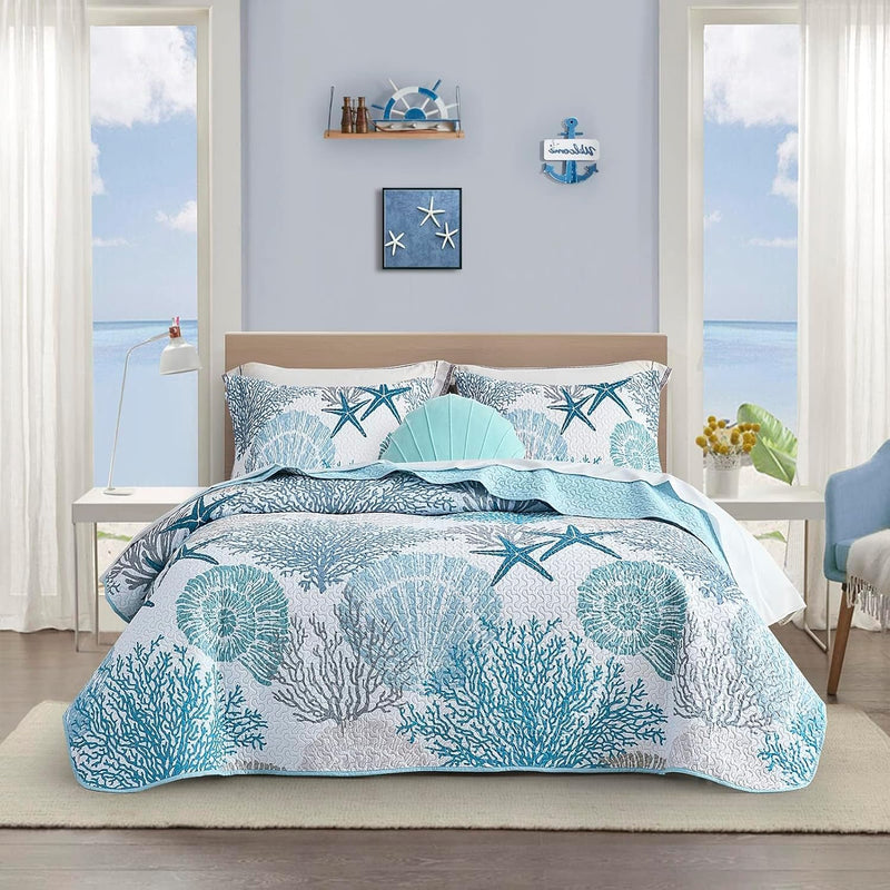 3 Piece Coastal Quilt Sets Full/Queen Size - Reversible Microfiber Quilts With