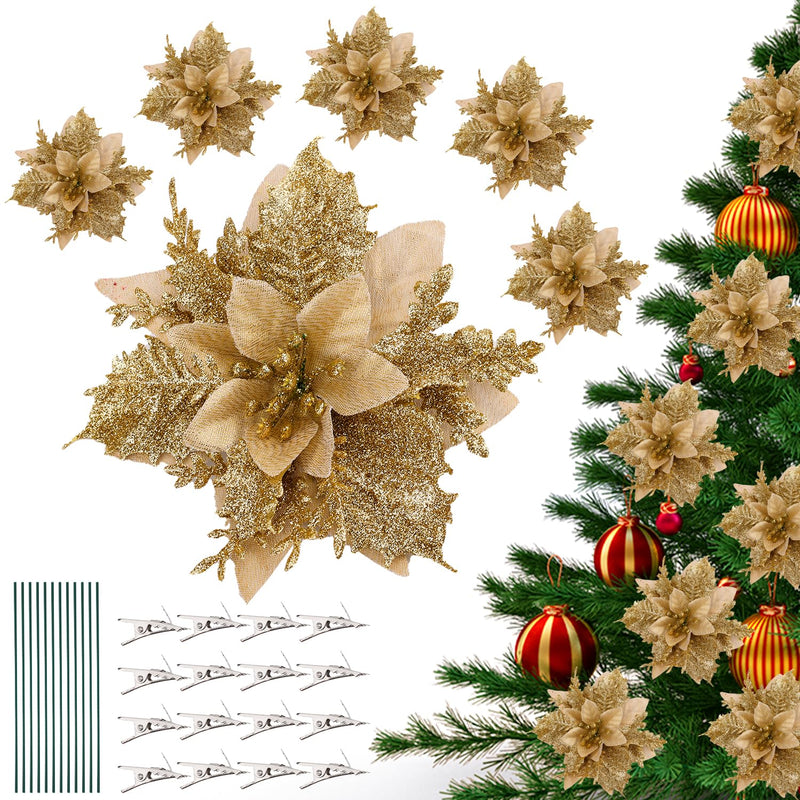 12Pcs Christmas Ornaments Poinsettia, Christmas Poinsettia Flowers Artificial