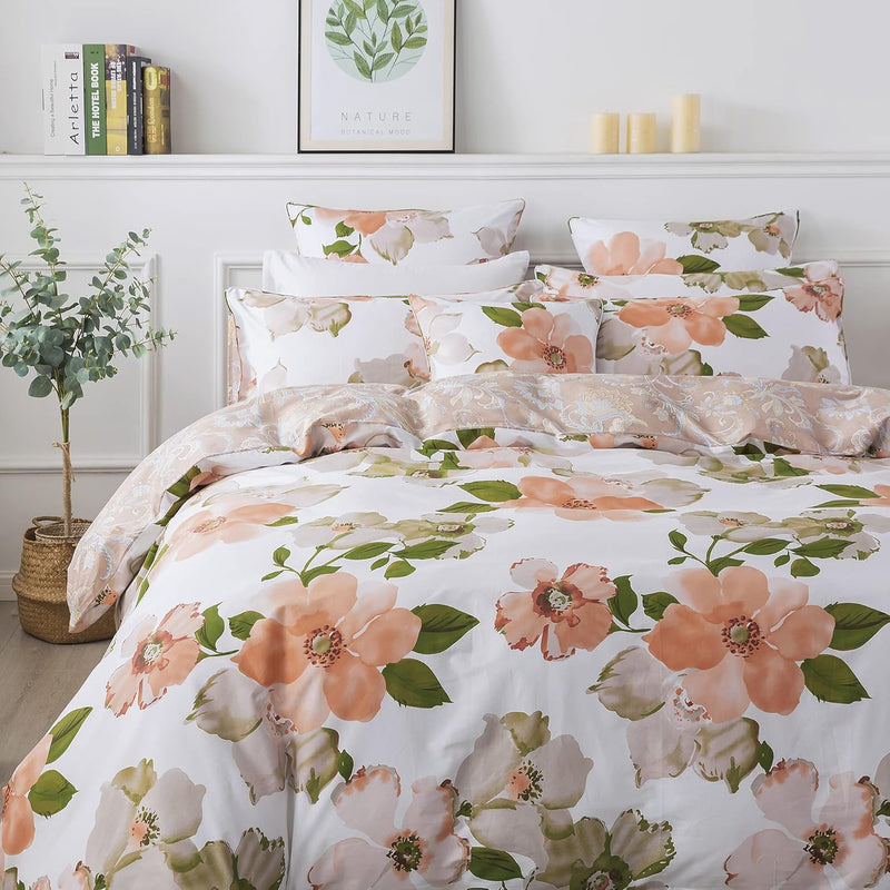 Duvet Cover Set Full Elegant Watercolor Floral Bedding Shabby Orange Flower Be
