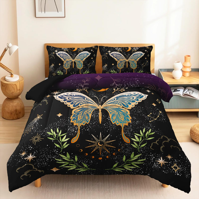 Sun And Moon Comforter Set Twin Size, Butterfly Hippie Bohemian Bedding Set Fo