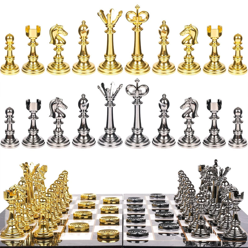 Metal Chess Set And Checkers Game Set 15 Inch(2 In 1) Chess Board Games For