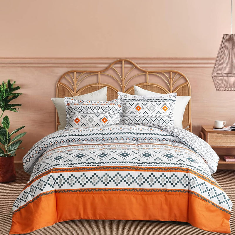 3 Piece Bohemian Orange Comforter Set King Size, Tribal Geometric Bedding Set