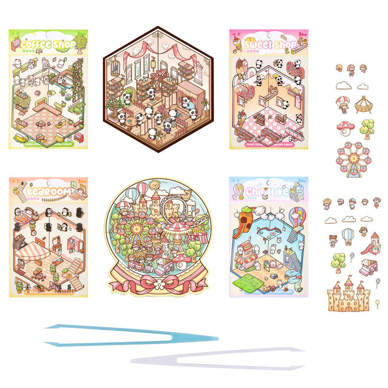 6 Sets Mini House Stickers with Tweezers, DIY 3D Room Scenes for Journals & Scrapbooks