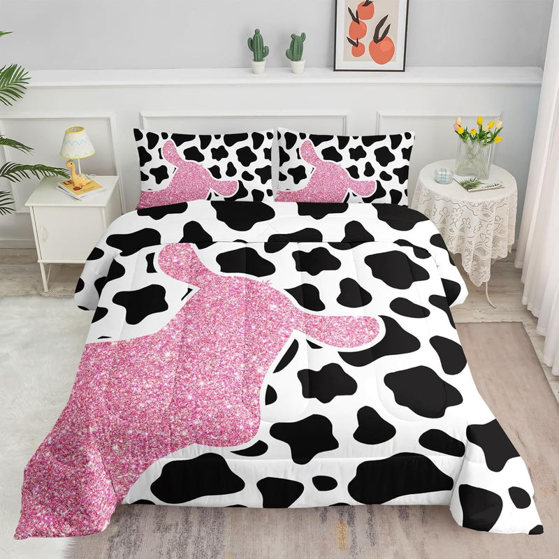 Cow Print Bedding Comforter Set Pink With Black White Printed Pattern Quilt 1