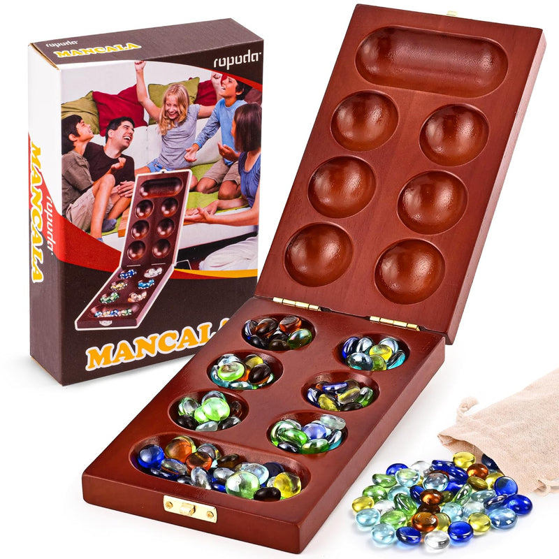 ropoda Update Mancala Board Game Set with Folding Rubber Wood Board & 72+8
