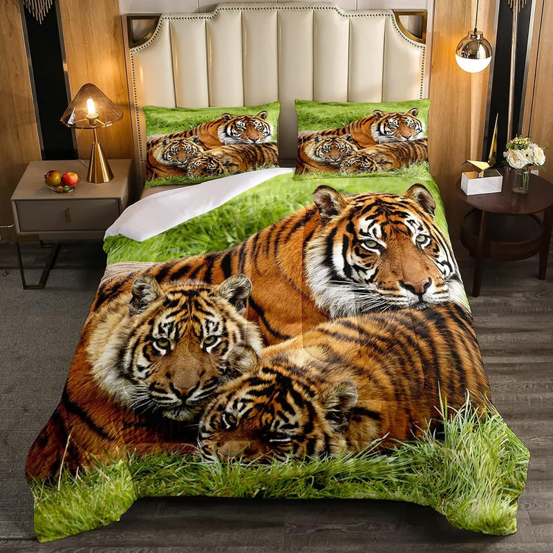 Tiger Bedding Set Queen,Safari Animal Comforter Set For Kids Boys Teens Adults