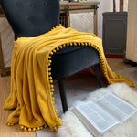 Flannel Blanket With Pompom Fringe Lightweight Cozy Bed Blanket Soft Throw Blanket Fit Couch Sofa Suitable For All Season(Mustard Yellow, 40''X 50'')