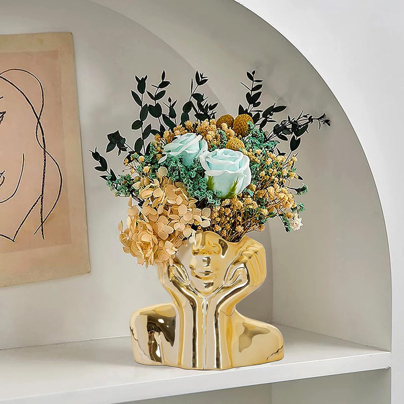 Flower Vase For Decor Gold Ceramic Face Vase For Flowers, Head Vase, Female Fo