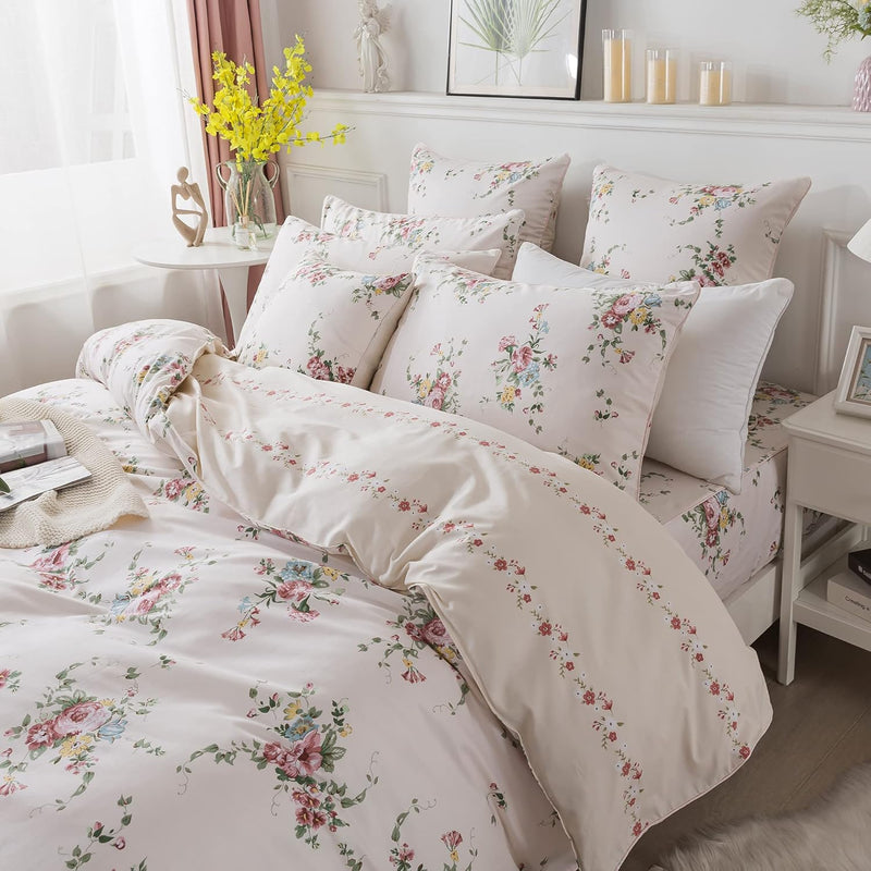 Duvet Cover Set Full Sweet Pink Rose Floral Bedding Shabby Peony Flower Quilt