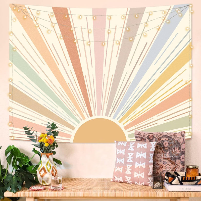 Boho Sun Tapestry Wall Hanging, Retro 70S Abstract Striped Aesthetic Sunrise V