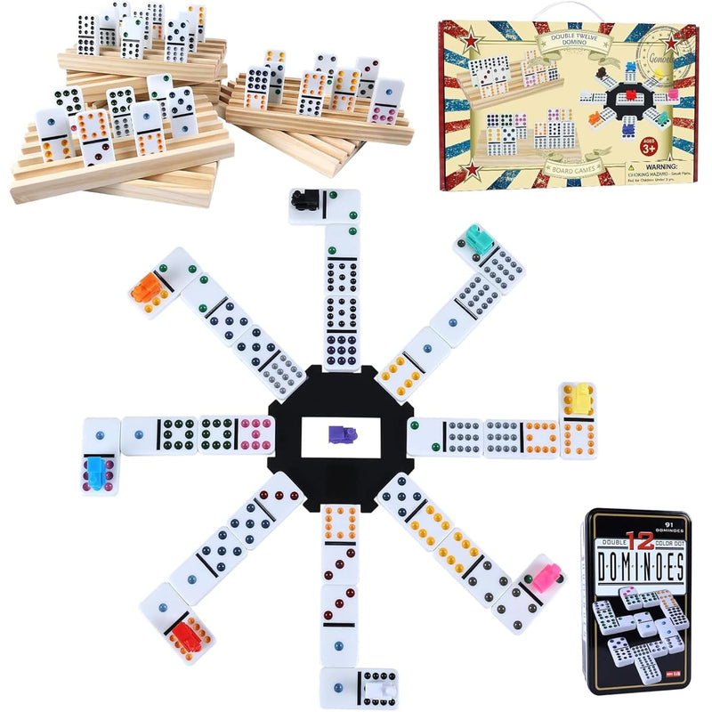 Double 12 Mexican Train Dominoes Set For Adults With 8Pcs Wooden Trays,9 Tr