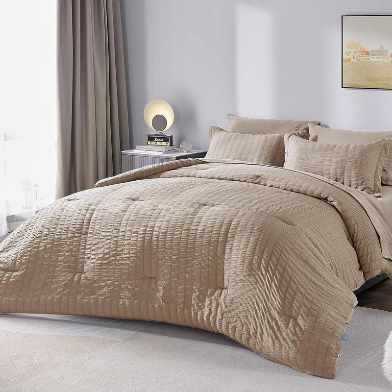 Full Seersucker Comforter Set With Sheets Warm Taupe Bed In A Bag 7-Pieces All