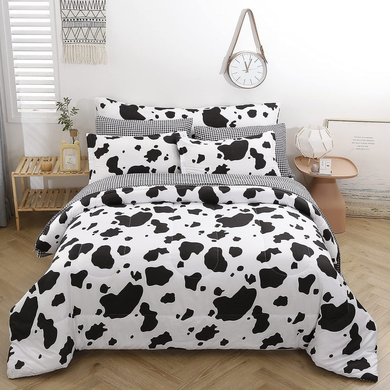 King Size Cow Comforter Set, 8 Pieces Black And White Bedding Set, Cute Cow Pr