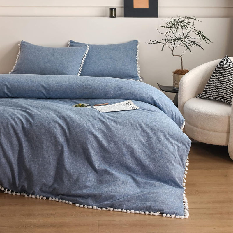 Boho Linen Duvet Cover Set With Tassel Fringe, 3Pcs Flax Cotton Blend Comforte