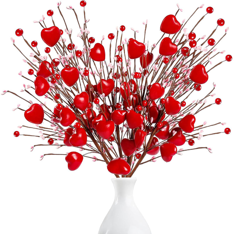 Heart Shaped Berry Picks 6 Pcs Artificial Red Berry Twig Flowers Stem Branches