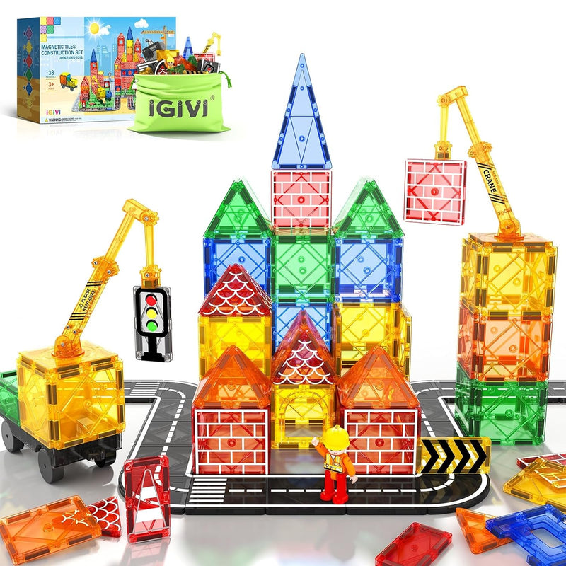 Magnetic Tiles Road Set With Magnet Crane Car Toys, Construction Toys For K