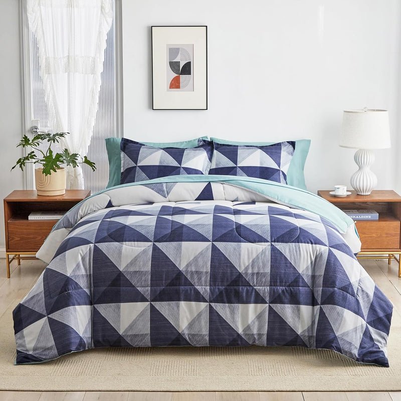 7 Piece Bed In A Bag King, Navy Triangle Simple Design, Smooth Soft Microfiber