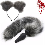 Cosplay Gray Wolf Tail Anal Plug Kit With Matching Ears - Silicone Butt Plug & Fluffy Faux Fur Tail Adult Fantasy Roleplay Sex Toys For Couples, Halloween Accessories, Furry Enthusiasts