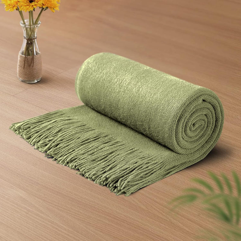 Olive Green Knitted Blanket With Tassels Fringe 50" X 60", Super Soft Knit Thr