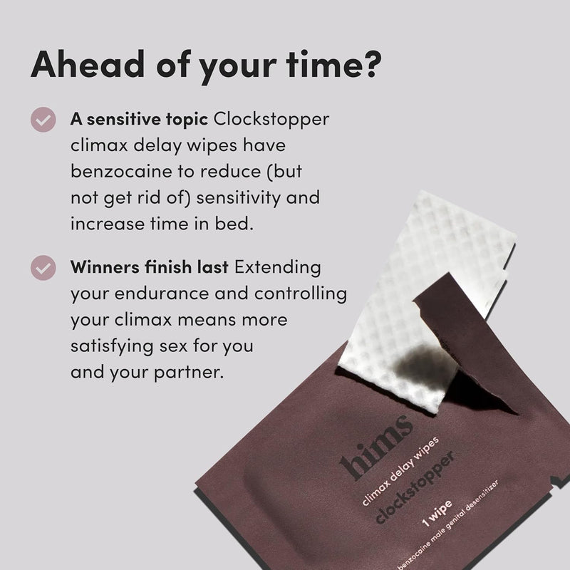 Hims Clockstopper Climax Delay Wipes - Benzocaine Desensitizing Formula - Fast-Acting Climax Solution For Men - Fragrance-Free & Mess-Free - Individually Wrapped, 12 Pack