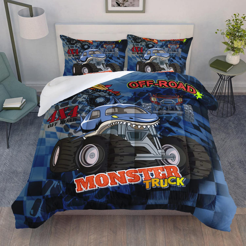 Truck Comforter Set Queen Size, 3D Monster Truck On Blue Background Theme Bedd
