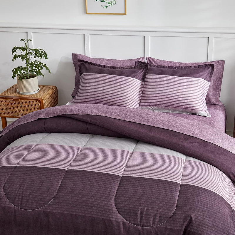 Ombre Striped Bed In A Bag 7 Pieces King Size, Purple And Grey Stripes Comfort