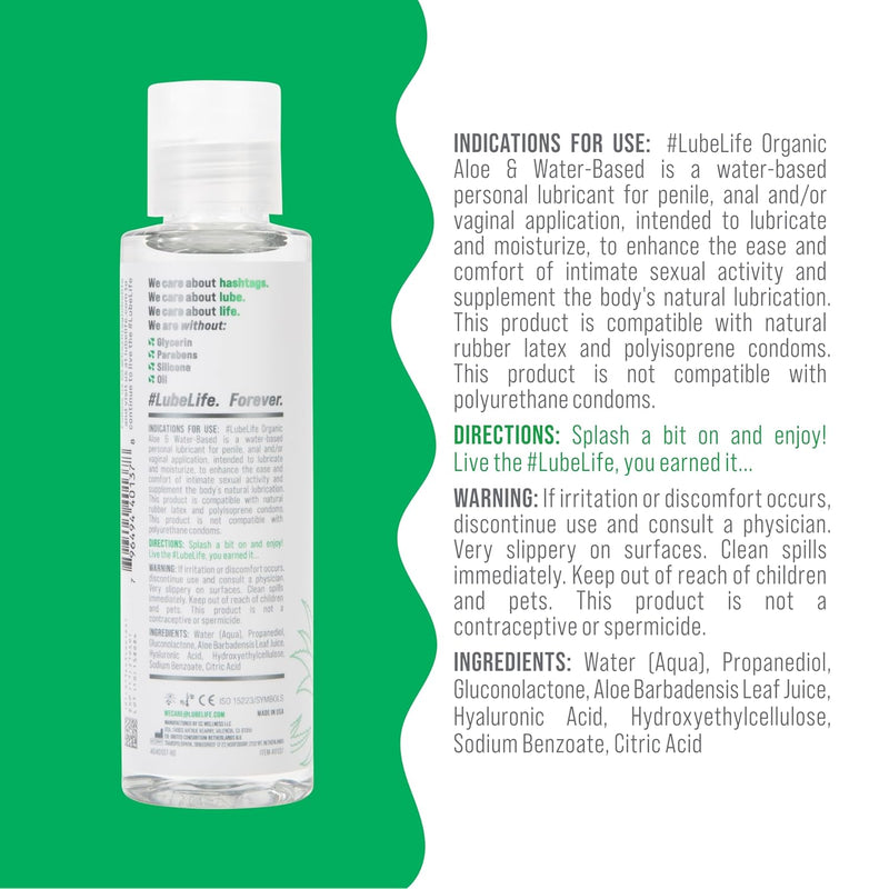 Lubelife Organic Aloe & Water Based Lube – Personal Lubricant For Women, Men & Couples – Toy & Condom Compatible, Hypoallergenic, Easy Clean Water Based Lubricant, 4 Fl Oz