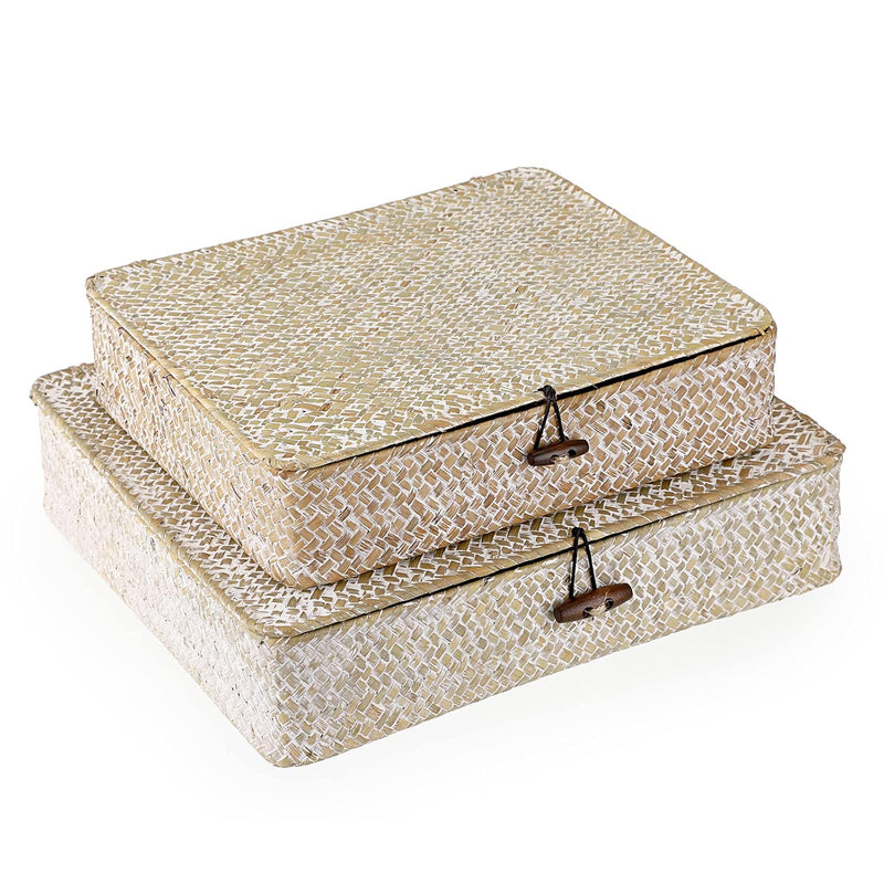 Set Of 2 Flat Woven Wicker Storage Bins With Lid Natural Seagrass Basket Boxes M