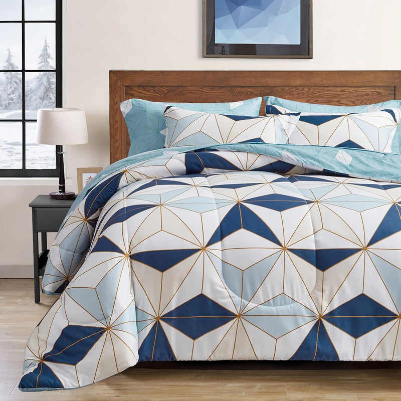 Bed In A Bag 7 Pieces Queen Size, Modern Blue Triangles Geometric Style, Micro