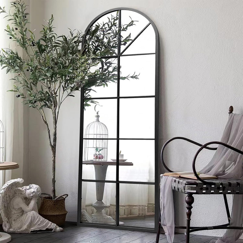 Floor Full Length Mirror, Black Arched-Top, Large Window Pane Mirror, Wall Mou