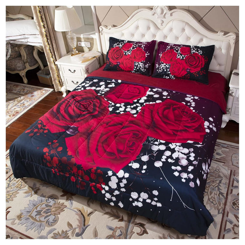 Comforter Sets Queen Size Red Rose Romantic Wedding Bedding Set 3D Red Floral