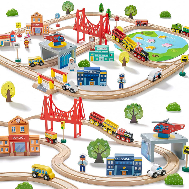 Tiny Land Train Set 110pcs Wooden Train Set, Toy Train for Boys & Girls wit