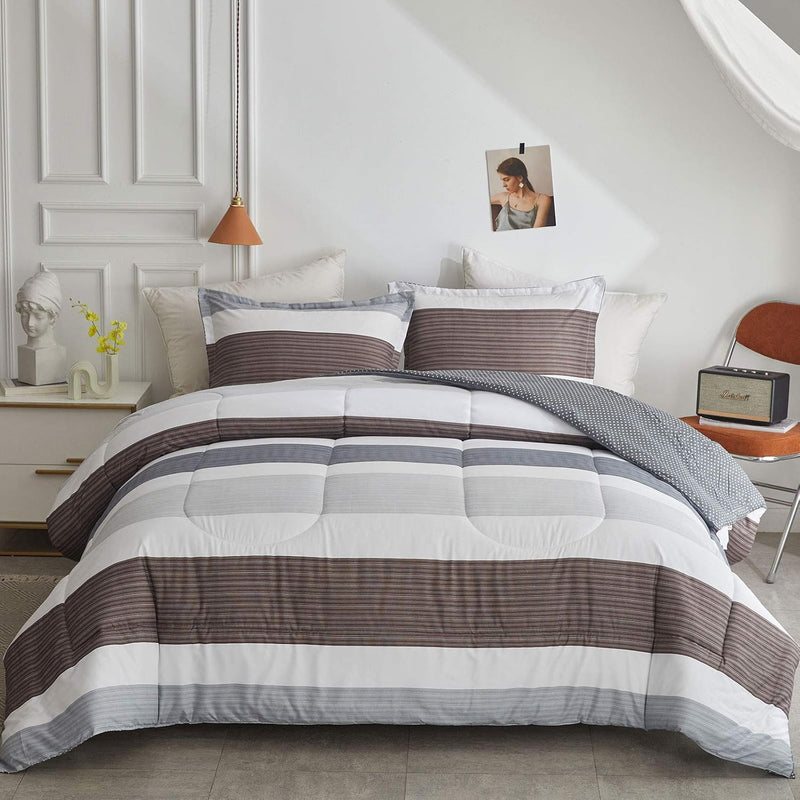 3Pcs Comforter Set Queen, Light Gray N Brown Stripes Design, Smooth Soft Micro