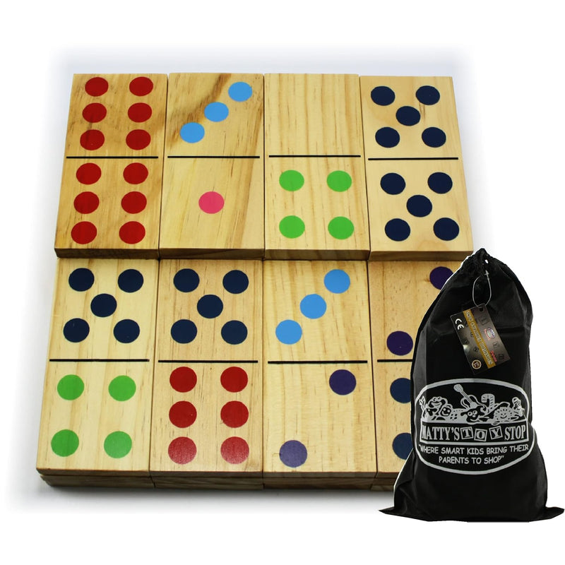 Deluxe Giant Wooden Dominoes Double Six (5") Color Dot, 28 Piece Set With Stor