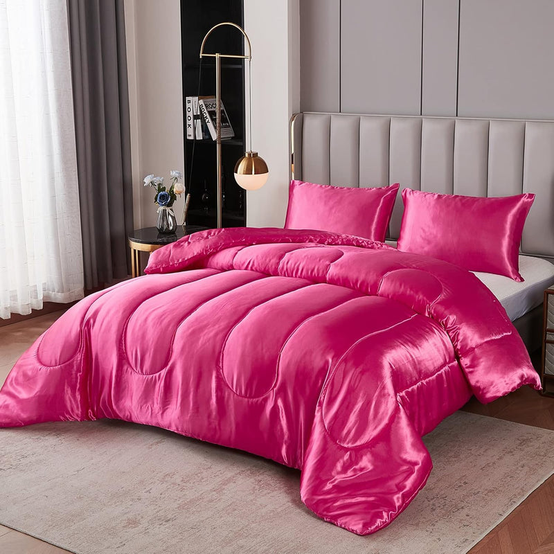 Satin Comforter Sets Queen Silk Like Hot Pink Comforter Alternative Down Comfo