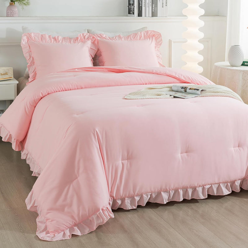 Pink Comforter Set Queen Size, 3 Pieces Solid Pink Ruffle Shabby Chic Comforte