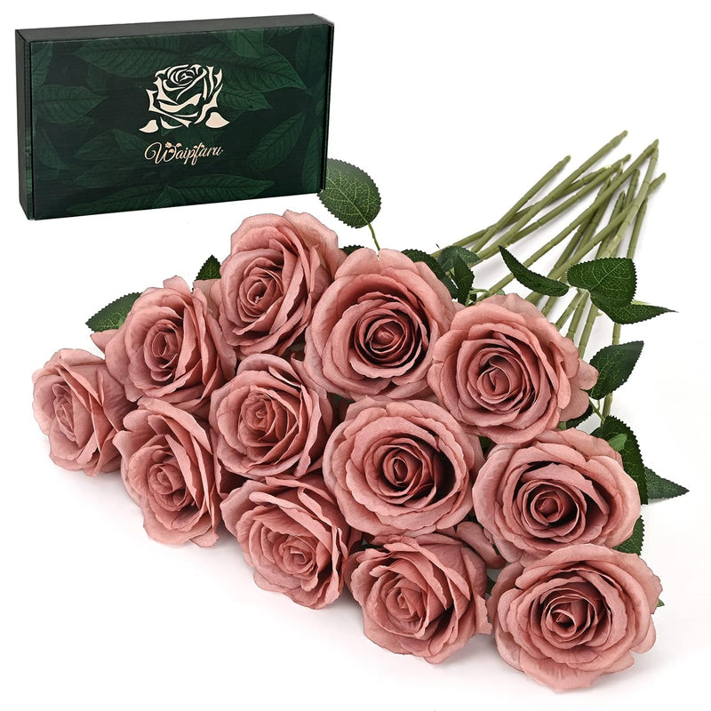 12 Pcs Artificial Flowers Fake Silk Dusty Roses, Faux Real Touch Roses Bouquet