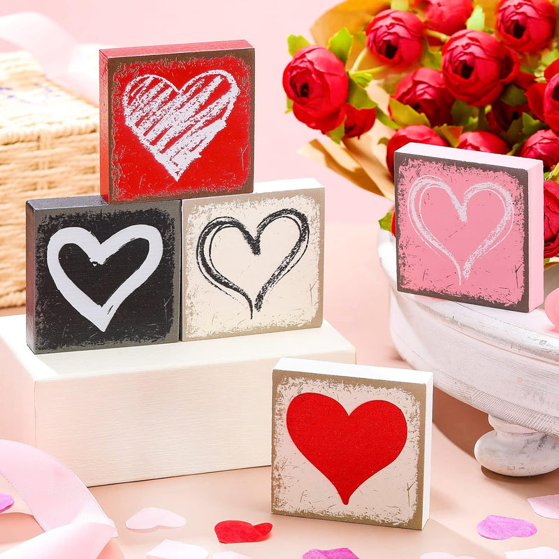 5 Pieces Valentine'S Day Heart Tiered Tray Decor Rustic Heart Wood Sign Love W