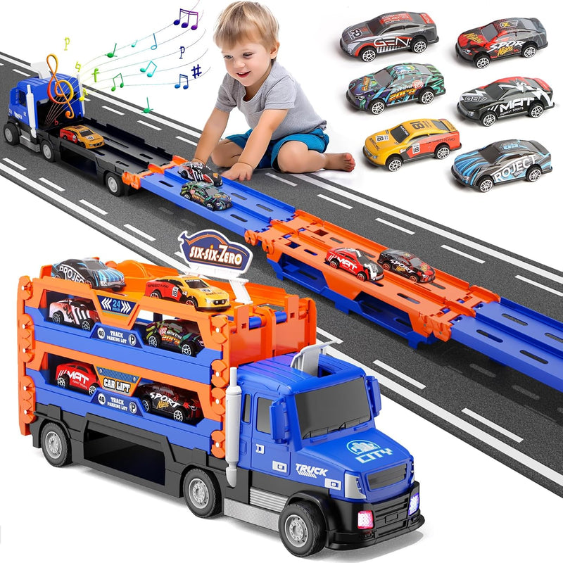 Truck Race Track Toys For Kids,55 Inch Race Track And 6 Die Cast Metal Toy